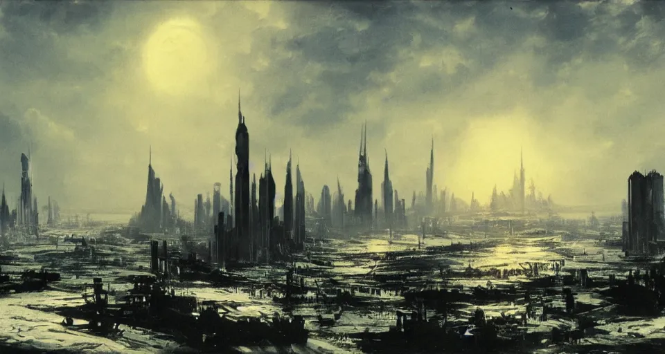 Image similar to view on futuristic city in the horizon, illustration by peder balke, detailed, sharp, 8 k