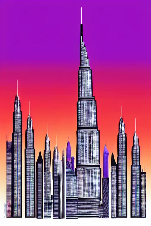 Prompt: minimalist boho style art of colorful burj khalifa at sunrise, illustration, vector art