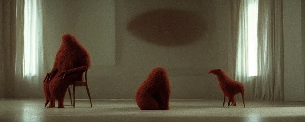 Image similar to a strange creature sits in the living room, film still from the movie directed by Denis Villeneuve with art direction by Zdzisław Beksiński, close up, telephoto lens, shallow depth of field