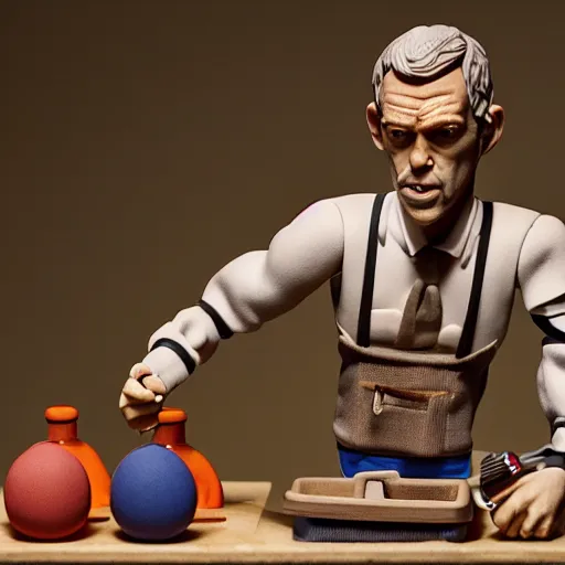 Prompt: product photography of a plasticine action figure hugh laurie on a workbench, depth of field, zeiss lens, detailed, centered, by erwin olaf, joop geesink, wes anderson, breathtaking, 8 k resolution, extremely detailed, beautiful, establishing shot, realistic materials, hyperrealistic