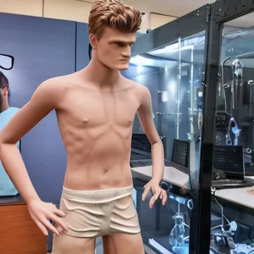 Prompt: a realistic detailed photo of a guy who is an attractive humanoid who is half robot and half humanoid, who is a male android, soccer players martin ødegaard & timo werner, shiny skin, posing like a statue, blank stare, in a lab, on display, showing off his muscles, gold soccer shorts, side view, repairing the other one