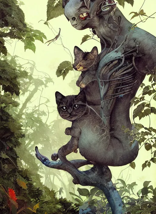 Image similar to a hyper realistic ink cat alien technology and sunbeams blue sky, lush forest foliage painting by chiara bautista and norman rockwell and greg rutkowski weta studio, and lucasfilm