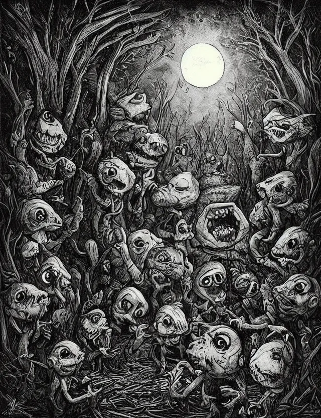 Image similar to “Artstation. goblins dancing around bonfire in dark eery forest with moon in fish eye perspective. Dark, intricate, highly detailed, smooth, in style of Mike Savad”