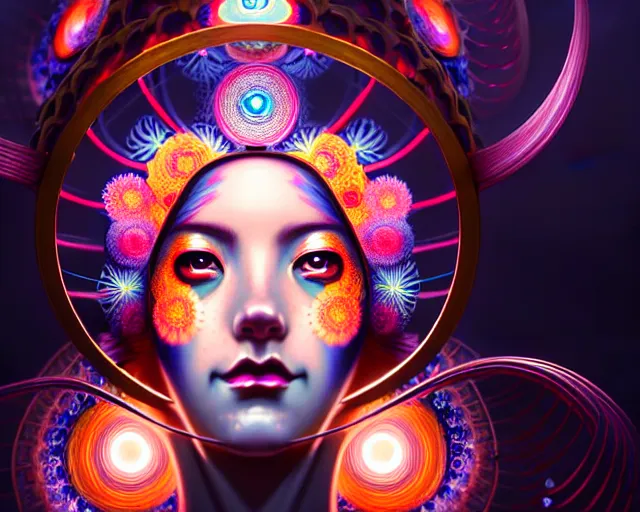 Image similar to a headshot of a geisha offset in the frame, surrounded by fractals, mandalas, cherry blossoms, hadron collider technology, metal gears, swirling bioluminescent energy, art by peter mohrbacher and dan mumford, 8 k octane render, hyperrealistic, zbrush, cinema 4 d