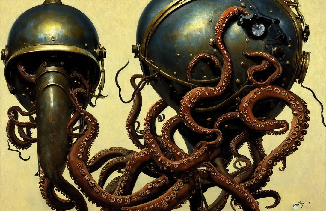 Prompt: portrait of vintage deep sea diver helmet, detailed face, with a few octopus tentacles, detailed painting,, epic lighting, by ilya repin, phil hale and kent williams