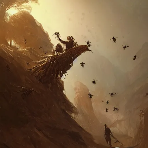 Image similar to a Hunter from Stone Age, Primal surrounded by bees Greg Rutkowski and Raymond Swanland, Trending on Artstation, cloudy background, ultra realistic digital art