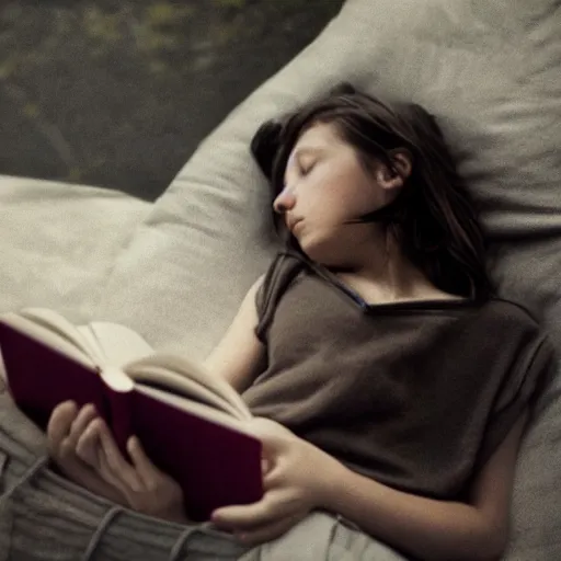 Prompt: a girl reading a book, by Emmanuel Lubezki