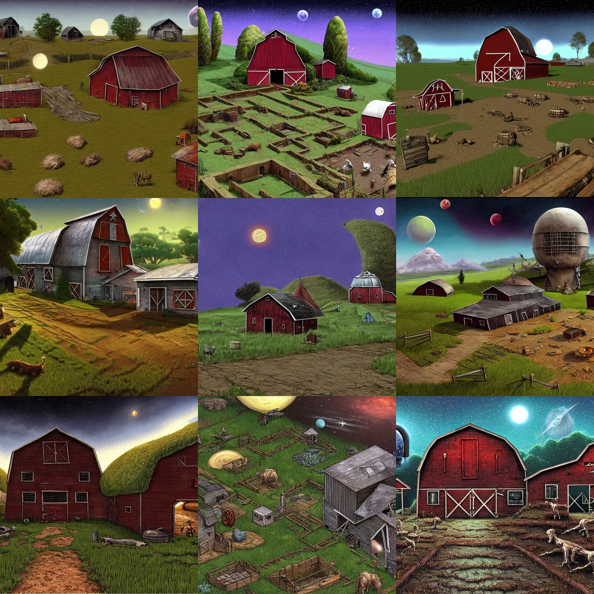 Prompt: next to a farm house and a barn, with foot prints leading to the barn, on a remote planet, from a space themed point and click 2 d graphic adventure game, detailed, set design inspired by hg giger, art inspired by thomas kinkade