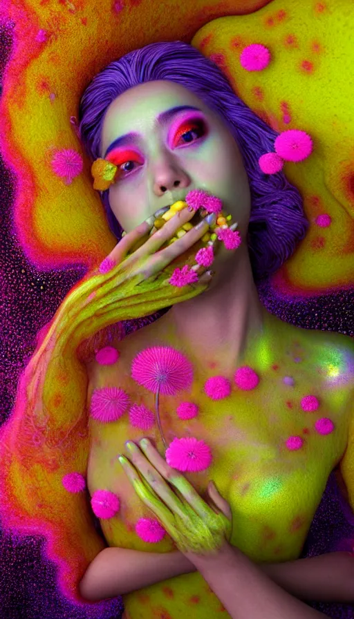 Image similar to hyper detailed 3d render like a Oil painting - kawaii Aurora (Singer) seen Eating of the Strangling network of colorful yellowcake and aerochrome and milky Fruit and Her delicate Hands hold of gossamer polyp blossoms bring iridescent fungal flowers whose spores black the foolish stars by Jacek Yerka, Mariusz Lewandowski, Houdini algorithmic generative render, Abstract brush strokes, Masterpiece, Edward Hopper and James Gilleard, Zdzislaw Beksinski, Mark Ryden, Wolfgang Lettl, hints of Yayoi Kasuma, octane render, 8k