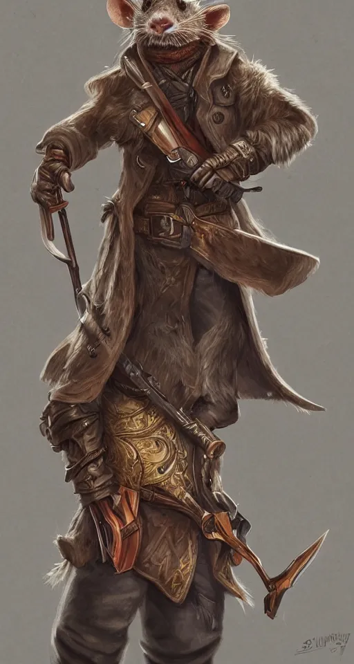 Image similar to a highly detailed illustration of a rat wearing a long coat holding a wooden shotgun, dramatic standing, intricate, elegant, highly detailed, centered, digital painting, artstation, concept art, smooth, sharp focus, league of legends concept art, wlop