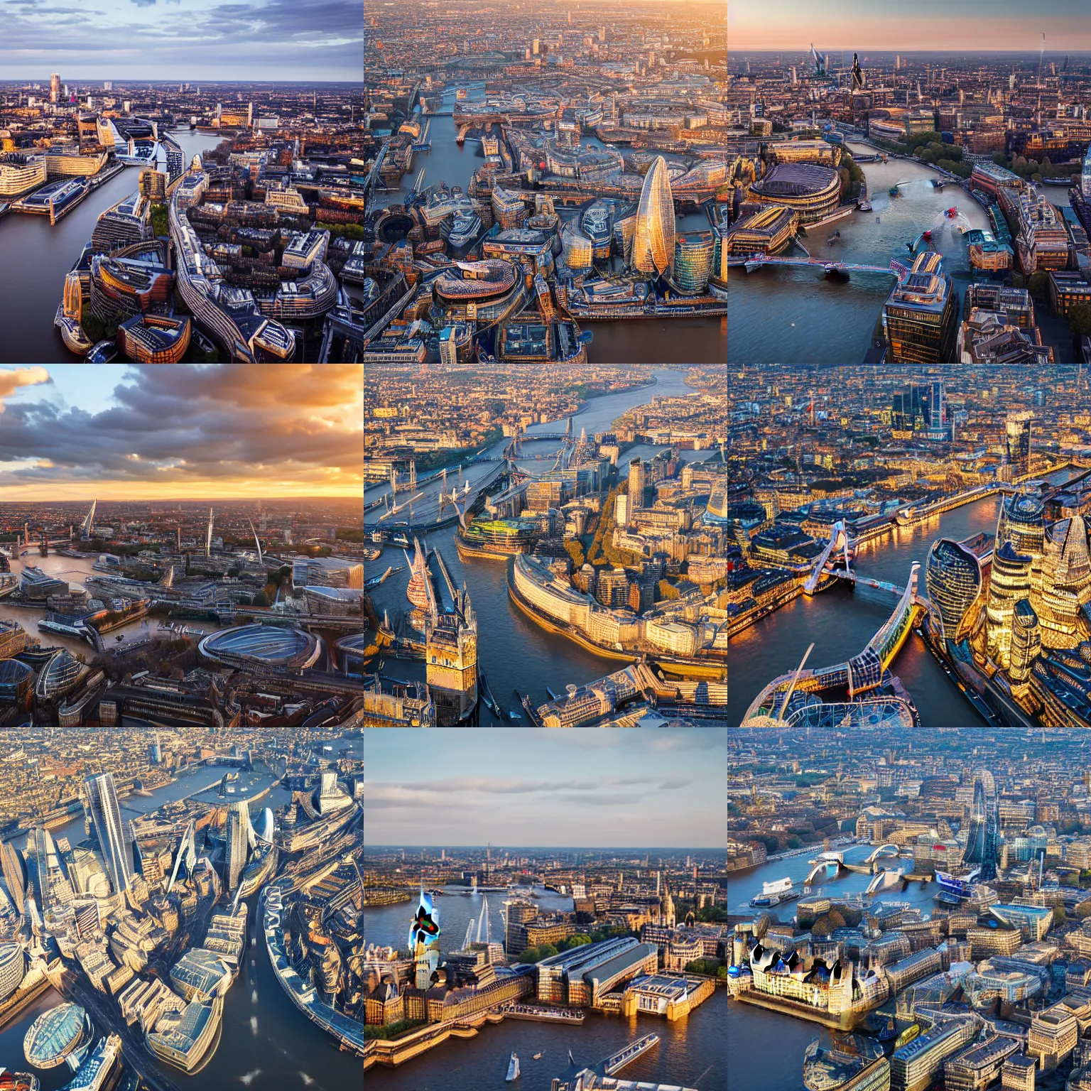 Prompt: London south bank, satellite view, golden hour, highly detailed