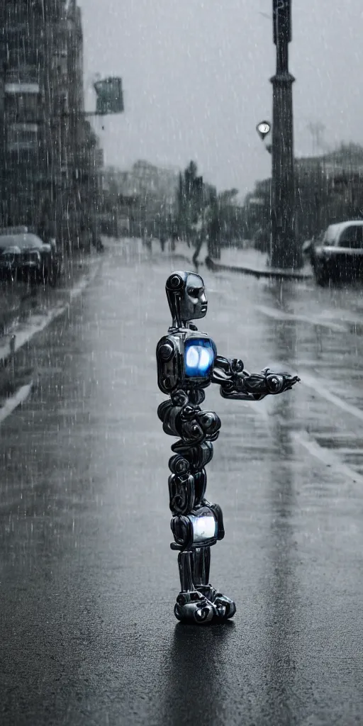 Image similar to robot on the road, city, photo, rain,