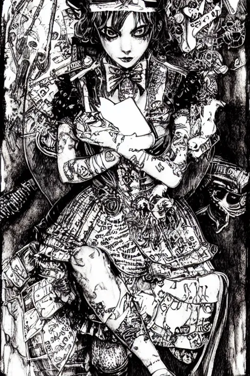 Image similar to Punk Alice in wonderland tarot card , pen and ink, intricate line drawings, by Yoshitaka Amano, Ruan Jia, Kentaro Miura, Artgerm, watercolor