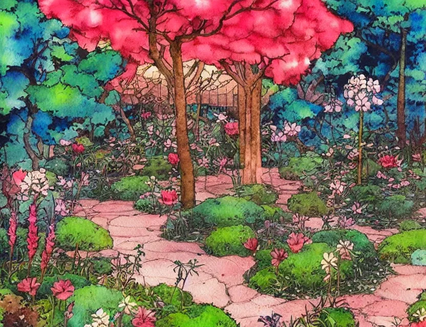 Prompt: lovecrafian persian garden. this watercolor painting by the award - winning mangaka has dramatic lighting, an interesting color scheme, a sense of depth.