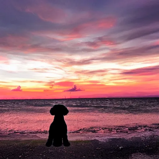 Prompt: a dark cloud shaped like a black miniature toy poodle's head, sunset realistic photo