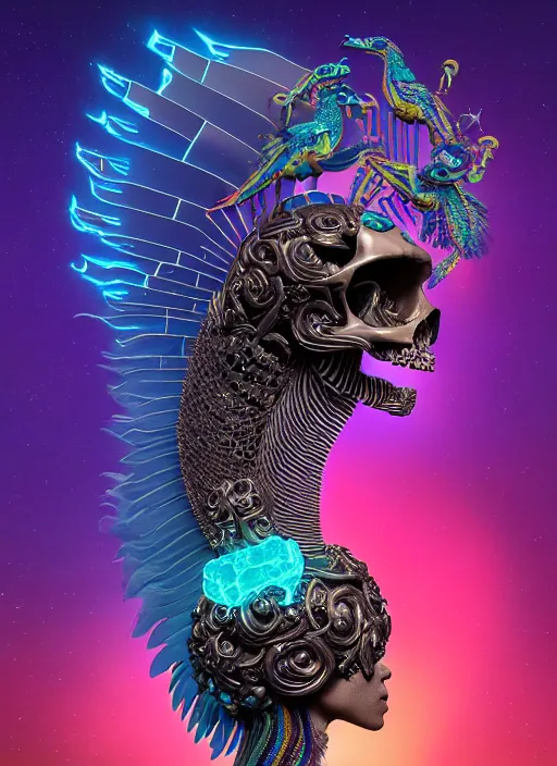 Image similar to 3 d goddess profile portrait, sigma 5 0 0 mm f / 5. beautiful intricate highly detailed quetzalcoatl skull and feathers. bioluminescent, plasma, lava, ice, water, wind, creature, thunderstorm! artwork by tooth wu and wlop and beeple and greg rutkowski, 8 k trending on artstation,