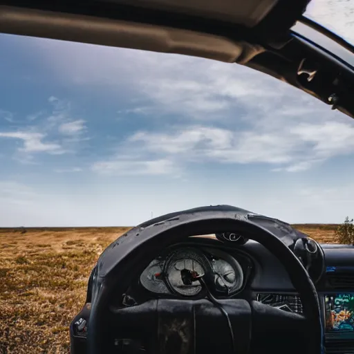 Prompt: deathclaw, monster - behind - the - wheel, monster inside the car, wide lens, 2 4 mm