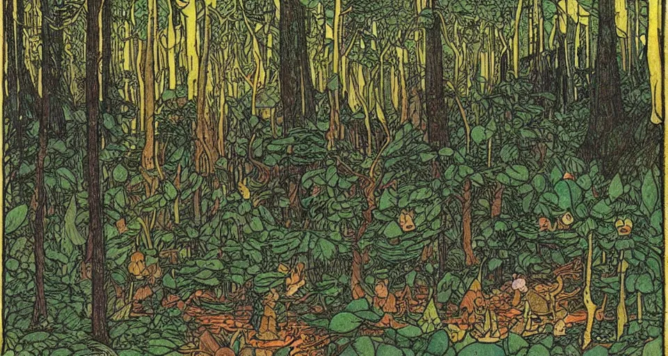 Prompt: A dense and dark enchanted forest with a swamp, by Ivan Bilibin,
