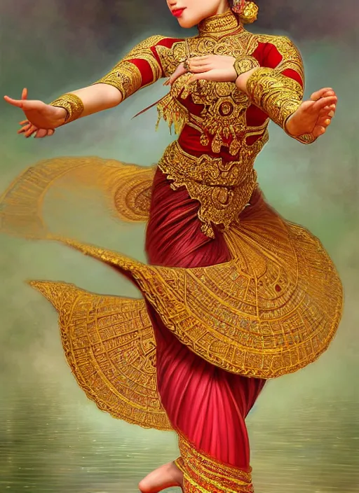 Image similar to javanese traditional dance, surealism, aesthetic, shiny, fantasy, intricate, elegant, extremely higly detailed, digital painting, artstation, anatomy perfect, baroque, concept art, photoshop, krita, smooth, sharp focus, full body focus, illustration, digital painting, art by artgerm and greg rutkowski and alphonse mucha