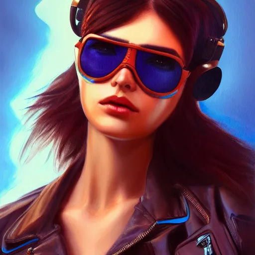 Prompt: closeup painting of a very beautiful young mexican cyberpunk woman, wearing light blue shutter shades and a dark brown leather jacket, one side haircut, long brown hair with light blue ends, portrait, hyperdetailed, artstation, cgsociety, 8 k, synthwave by tangerine dream