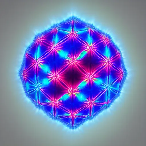 Image similar to a hyperrealistic 3D render of a dodecahedron made entirely of tie dyed Mandelbrot fractals, 8k, 4K, glowing, neon, octane render, photorealistic