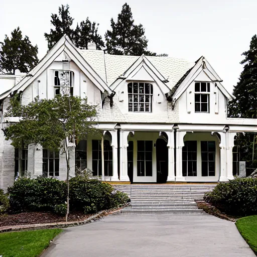 Prompt: stucco tudor with wood and tile white black mansion by mcalpine house, by jackson & leroy architects