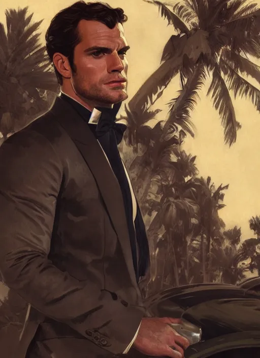 Image similar to portrait of henry cavill as james bond, key art, palm trees, vintage aston martin, highly detailed, digital painting, artstation, concept art, cinematic lighting, sharp focus, illustration, by gaston bussiere alphonse mucha