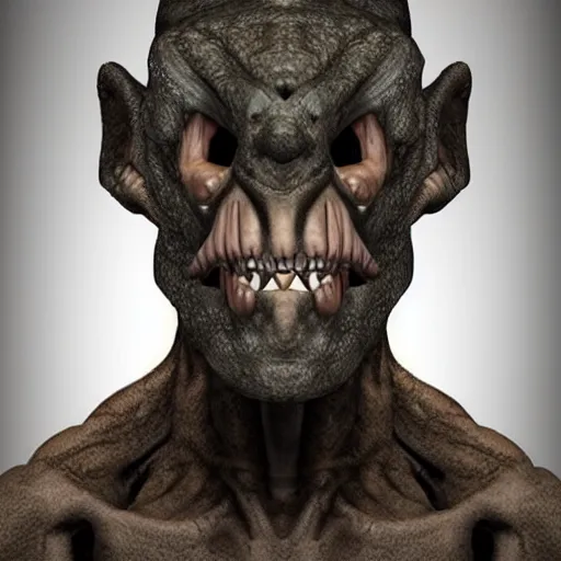 Image similar to face of a human tyrannosaurus hybrid