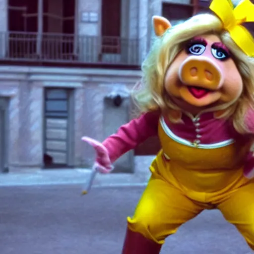 Image similar to Miss Piggy in yellow motorcycle suit swordfighting, Kill Bill, photo, 4k, detailed