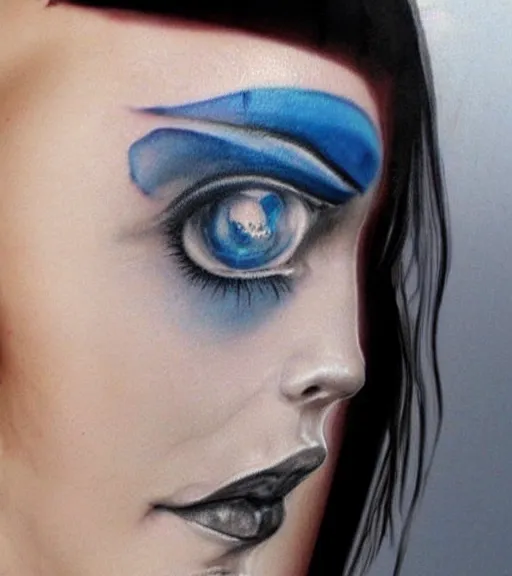 Image similar to tattoo design sketch of a beautiful blue - eyed woman face with a faded background of beautiful mountains and nature on her side, hyper - realistic, in the style of den yakovlev, amazing detail, black and white