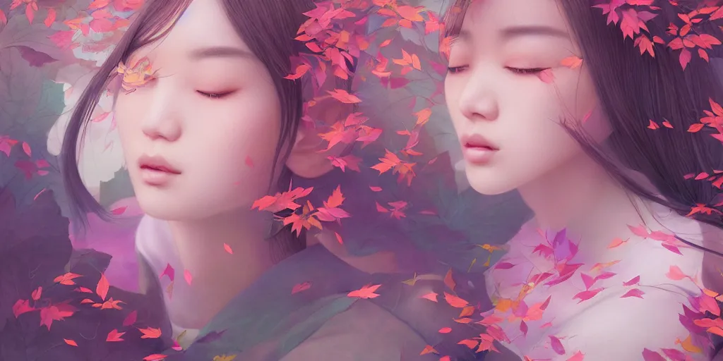 Image similar to highly detailed pastel colors of an ethereal asian beauty morphing gradually into autumn leaves, by artgerm and hsiao - ron cheng, smooth composition, fine patterns and detail