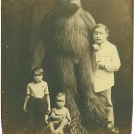 Image similar to a tintype photo of bigfoot and his family