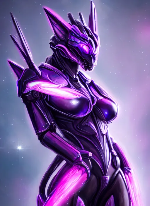 Image similar to cinematic goddess close shot, cosmic sized beautiful stunning elegant hot giant robot mecha female dragon, sharp cyborg dragon head, sharp metal ears, led glowing purple eyes, smooth fuschia skin, smooth silver armor, floating in space, epic proportions, epic scale, macro furry, furry art, dragon art, giantess art, warframe fanart, furaffinity, octane