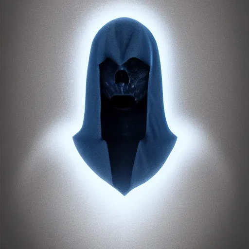 Image similar to award - winning. trending on artstation. 4 k. eerie tone. a faceless astral figure wearing a hooded cape made of the night sky with 1 dark blue glowing eye on its face. full - body.