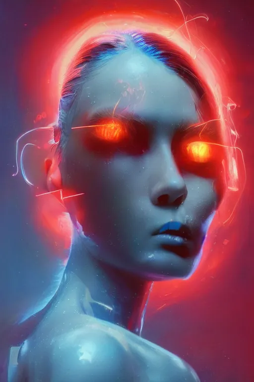 Image similar to 3 d, sci - fi, morning, sleepy fashion model face, sun, neon, cinematic, lightning clouds, vogue cover style, poster art, light red and deep blue mood, realistic painting, intricate oil painting, high detail, figurative art, multiple exposure, poster art, 3 d, by tooth wu and wlop and beeple and greg rutkowski