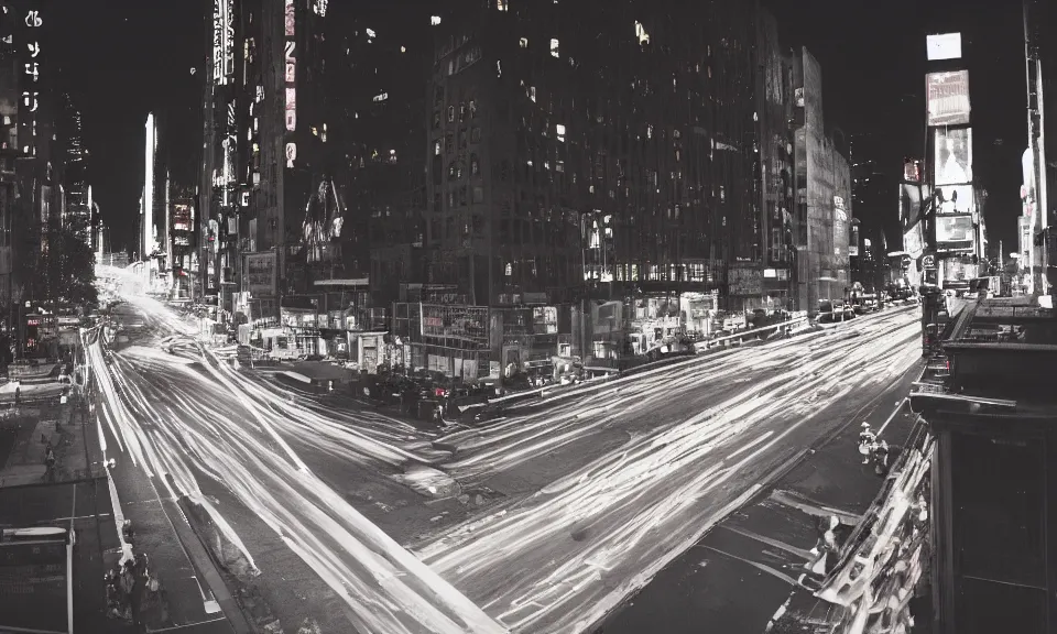 Image similar to photo of the streets of new york city at night, 4k, grainy, film photography