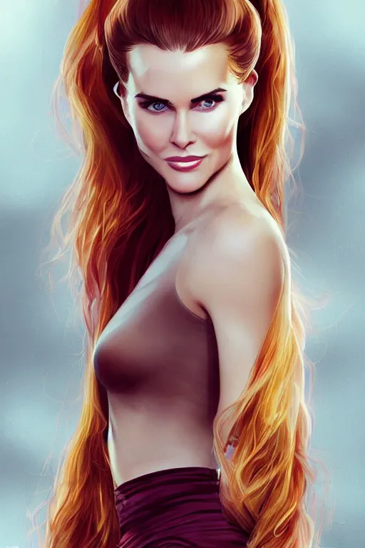 Image similar to mix of beautiful young maria shriver, mariel hemmingway, brooke shields, nicole kidman and elle macpherson as an alien creature, thin lips, hair tied up in a pony tail, dark blonde hair, colorful, artstation, cgsociety