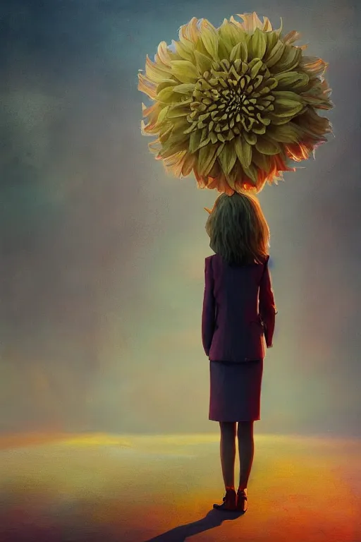 Image similar to closeup giant dahlia flower head, girl in a suit, standing in street, surreal photography, sunrise, dramatic light, impressionist painting, digital painting, artstation, simon stalenhag