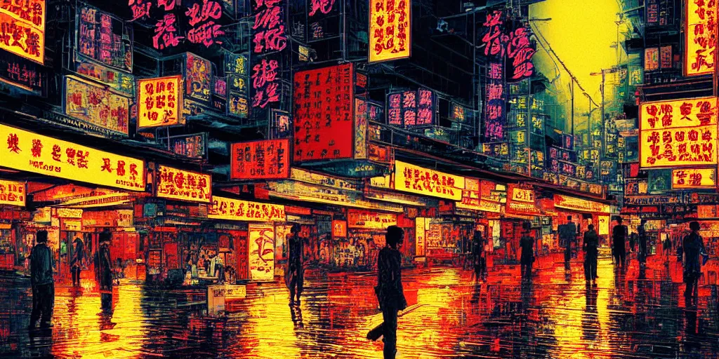 Image similar to artwork of wong kar - wai's hong kong street, by dan mumford and toshi yoshida and peter doig, vintage scifi, highly detailed, dramatic lighting, 8 k