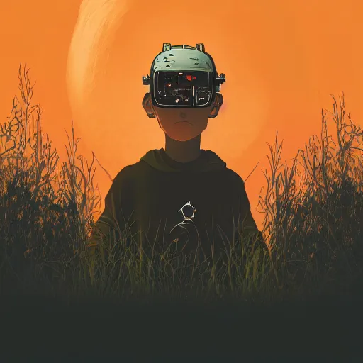 Image similar to in the style of max prentis and deathburger and laurie greasley a young explorer wearing a cyberpunk headpiece sitting in a meadow, sunset, highly detailed, 8 k wallpaper