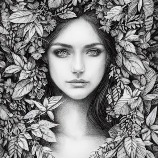 Prompt: a detailed pencil drawing of a beautiful woman clothed in flowers and leaves standing in an enchanted forest, high fantasy, elegant, epic, detailed, intricate, watercolor, concept art, realistic detailed face, smooth, focus, rim light, detailed 8 5 mm f / 1. 4, anamorphic lens