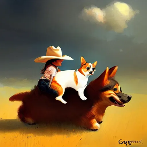 Image similar to tiny cat girl in cowboy hat riding on the back of a giant corgi by greg rutkowski