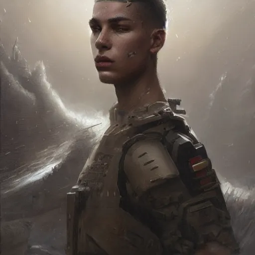 Image similar to a dramatic epic ethereal portrait of a futuristic soldier, young male, detailed face, cinematic lighting, highly detailed oil on canvas painting by Greg Rutkowski, winning-award digital art trending on Artstation H 1024 W 832