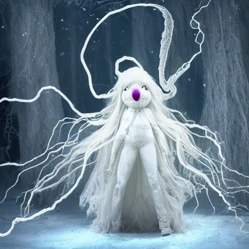 Prompt: an ethereal lovely fluffy ghost like live action muppet wraith like figure with a squid like parasite latched onto its head and four long tentacle arms that flow lazily but gracefully at its sides like a cloak while it floats around a frozen rocky tundra in the snow searching for lost souls and that hides amongst the shadows in the trees, this character has hydrokinesis and electrokinesis is a real muppet by sesame street, photo realistic, real, realistic, felt, stopmotion, photography, sesame street