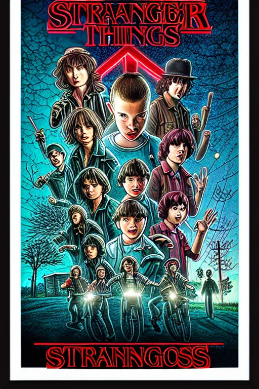 Prompt: Poster for the 5th season of Stranger Things, Demons, horror, pure evil, Series on Netflix, disaster, Hawkins, Vecna, Movie poster, poster, design, illustrative, Symmetry, Symmetrical, Border, Framed