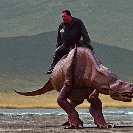 Image similar to A dinosaur riding on Steven Seagal