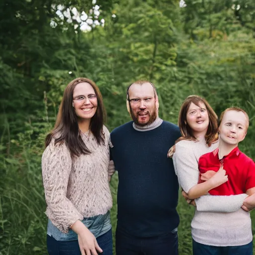 Prompt: Awkward family photo, Canon EOS R3, f/1.4, ISO 200, 1/160s, 8K, RAW, unedited, symmetrical balance, in-frame