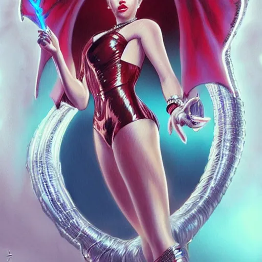 Prompt: miley cyrus dressed as jessica rabbit holding a glowing wand in one hand and a large leather bound book, fantasy, intricate, elegant, highly detailed, digital painting, artstation, concept art, matte, sharp focus, illustration, in the style of magic the gathering, art by artgerm and greg rutkowski and alphonse mucha