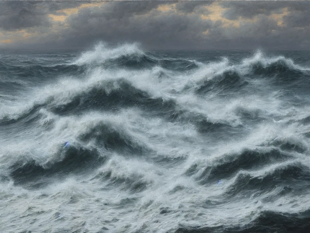 Prompt: a cinematic view of a stormy sea with cthulhu rising. art by william trost richards and donato giancola, hyperrealism, artstation