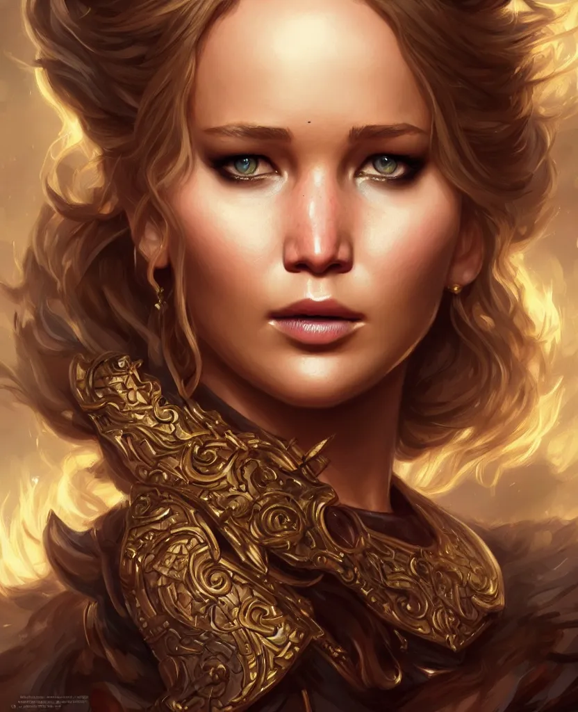 Image similar to Jennifer Lawrence, closeup, D&D, fantasy, intricate, elegant, highly detailed, digital painting, artstation, concept art, matte, sharp focus, illustration, hearthstone, art by Artgerm and Greg Rutkowski and Alphonse Mucha